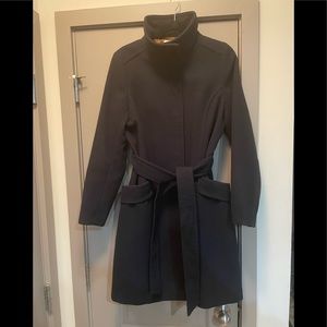Navy blue, hidden goldtone closure coat with belt